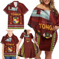 Tonga Independence Day Family Matching Off Shoulder Short Dress and Hawaiian Shirt National Flag and Emblem with Ngatu Art Pattern