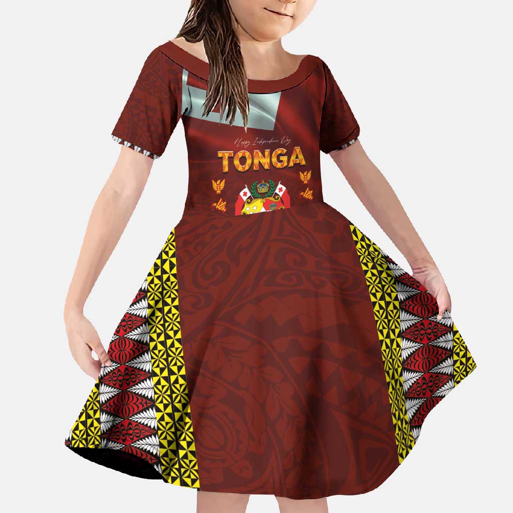 Tonga Independence Day Family Matching Short Sleeve Bodycon Dress and Hawaiian Shirt National Flag and Emblem with Ngatu Art Pattern LT03 Daughter's Dress Red - Polynesian Pride