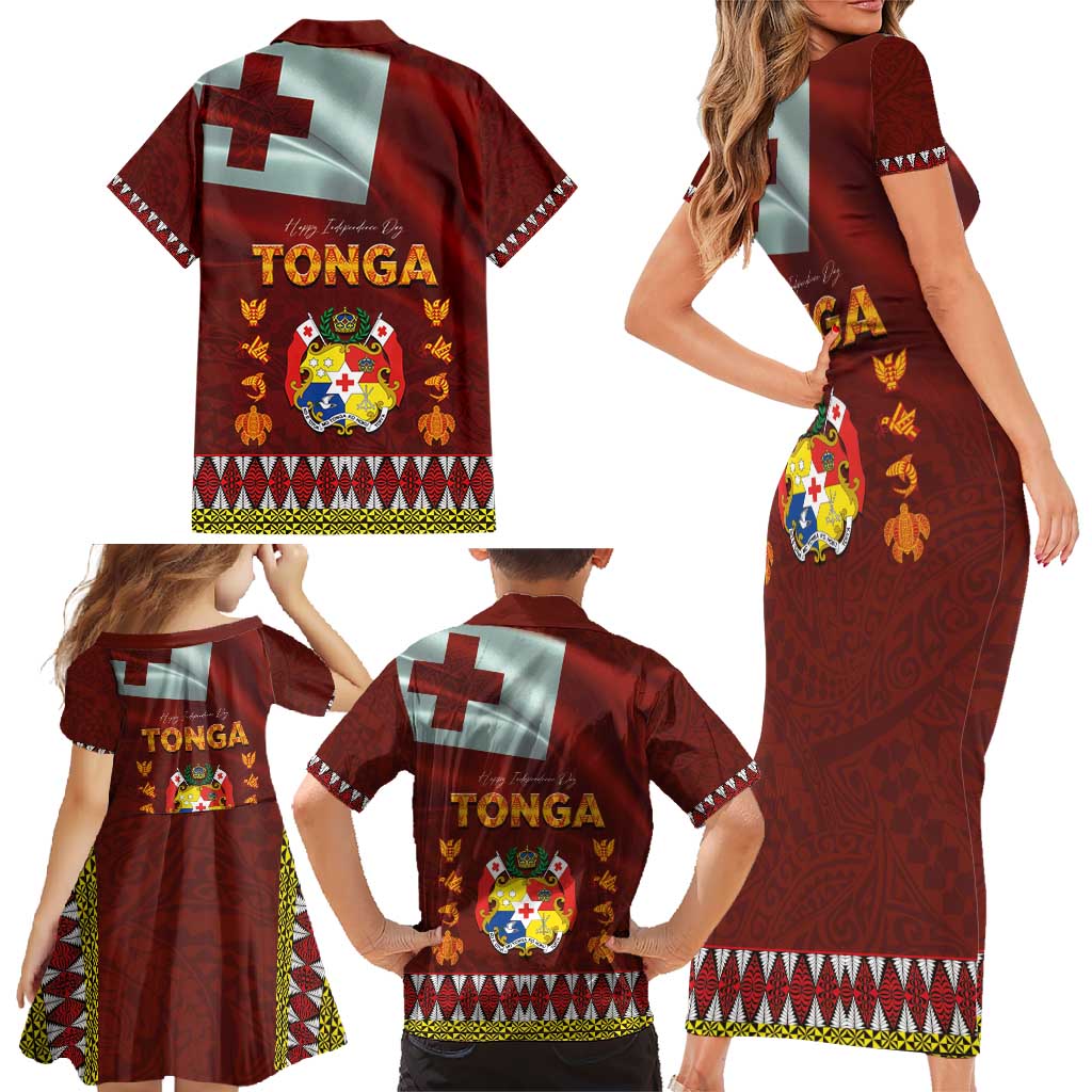 Tonga Independence Day Family Matching Short Sleeve Bodycon Dress and Hawaiian Shirt National Flag and Emblem with Ngatu Art Pattern LT03 - Polynesian Pride