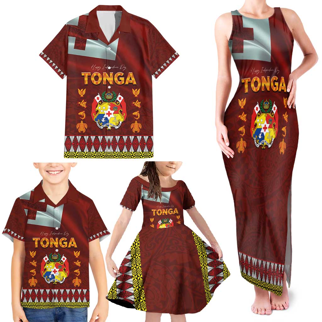 Tonga Independence Day Family Matching Tank Maxi Dress and Hawaiian Shirt National Flag and Emblem with Ngatu Art Pattern