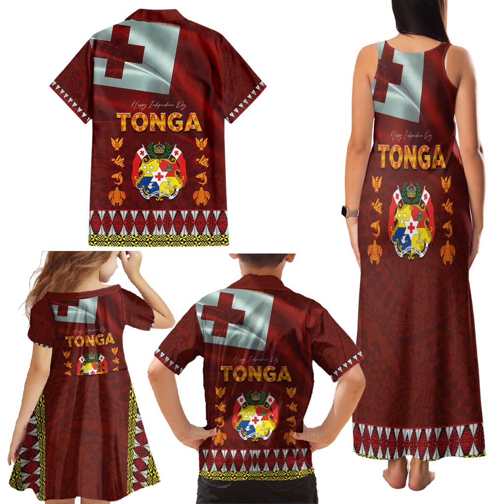 Tonga Independence Day Family Matching Tank Maxi Dress and Hawaiian Shirt National Flag and Emblem with Ngatu Art Pattern