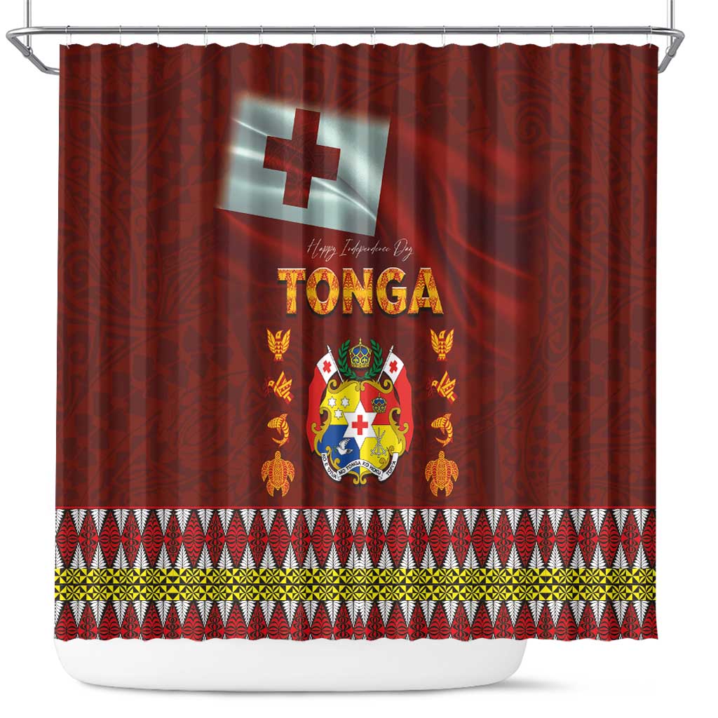 Tonga Independence Day Shower Curtain National Flag and Emblem with Ngatu Art Pattern