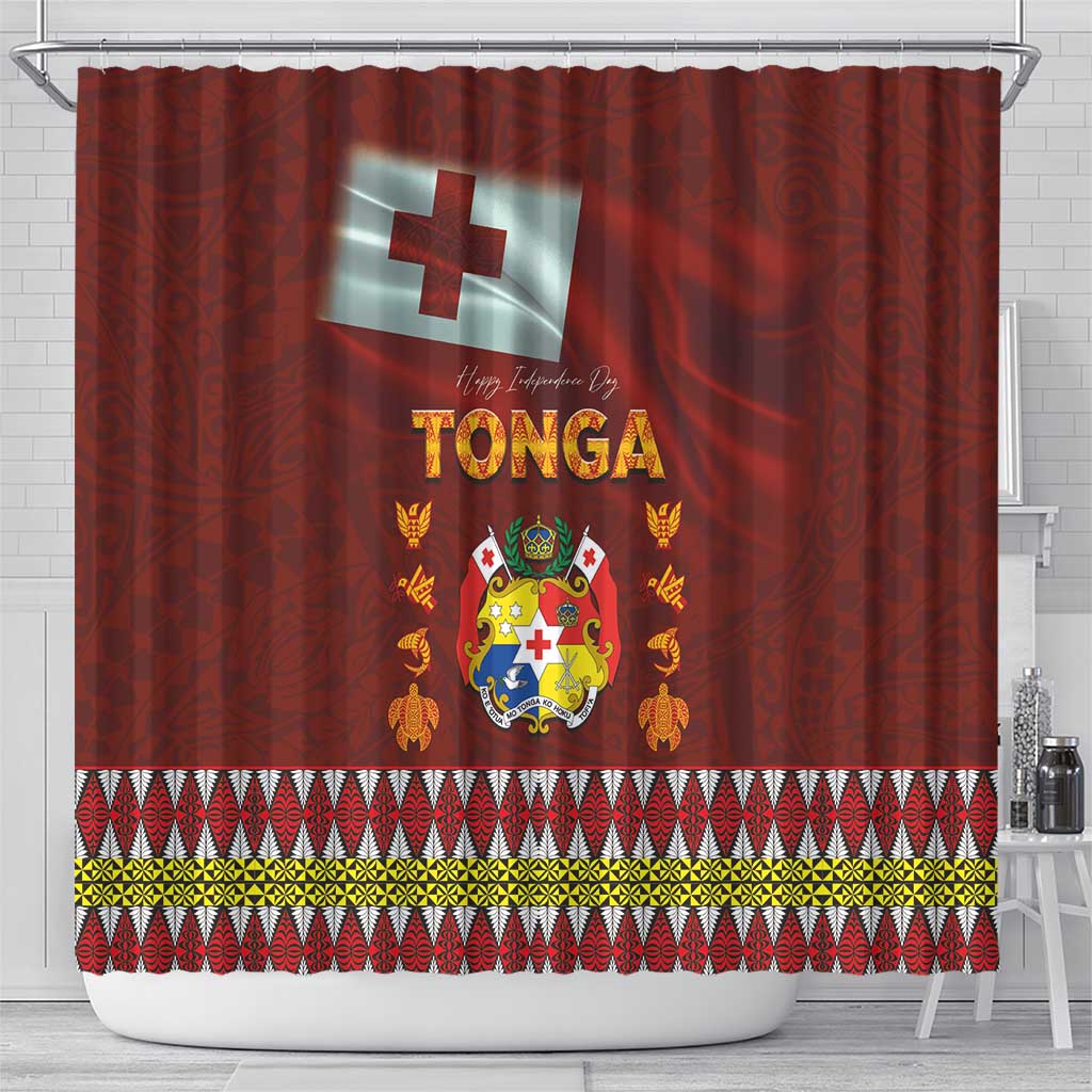 Tonga Independence Day Shower Curtain National Flag and Emblem with Ngatu Art Pattern
