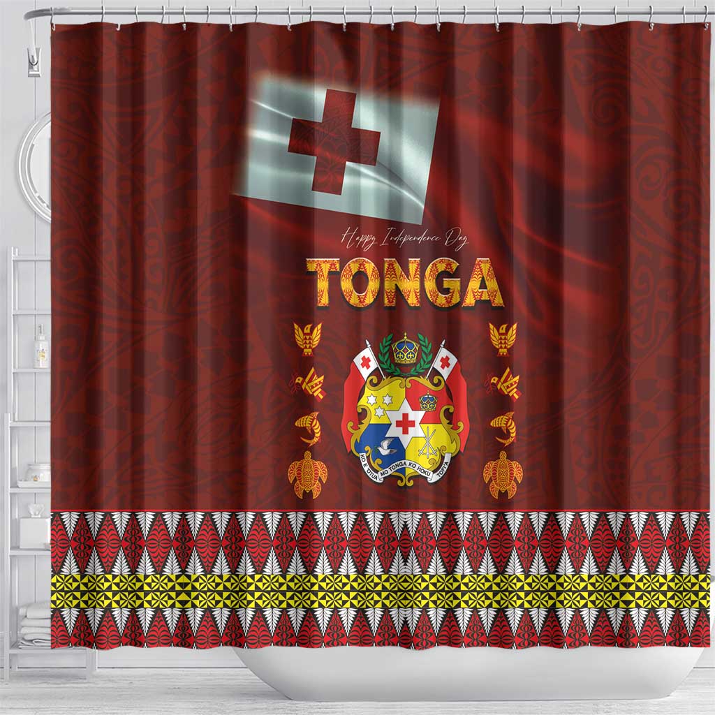Tonga Independence Day Shower Curtain National Flag and Emblem with Ngatu Art Pattern
