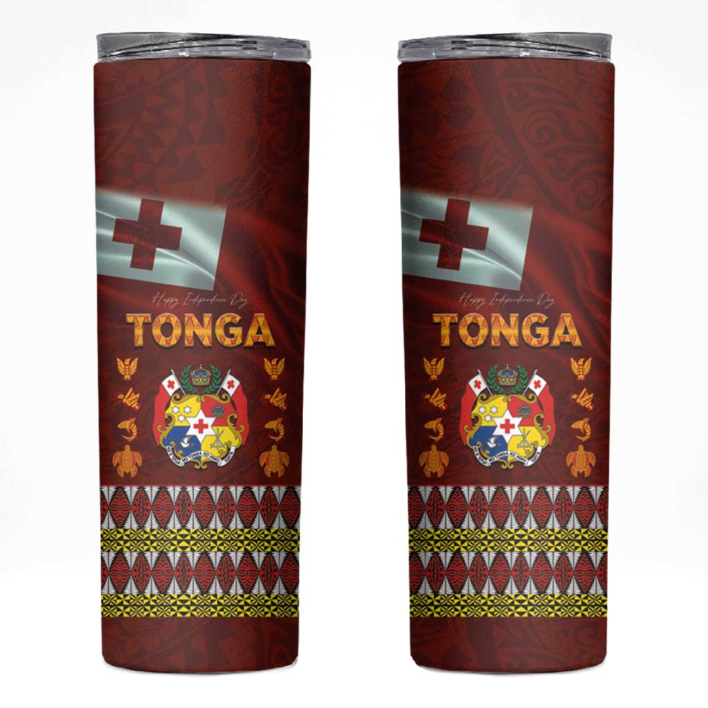 Tonga Independence Day Skinny Tumbler National Flag and Emblem with Ngatu Art Pattern