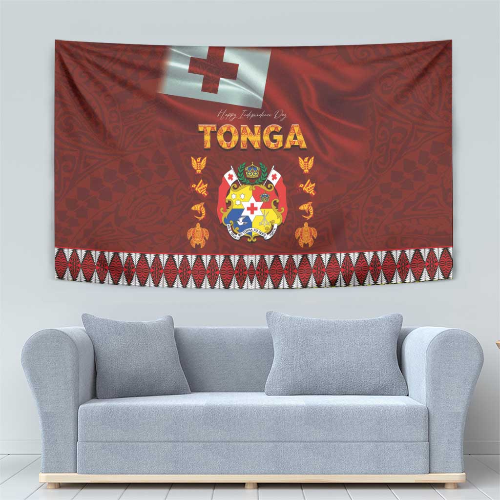 Tonga Independence Day Tapestry National Flag and Emblem with Ngatu Art Pattern