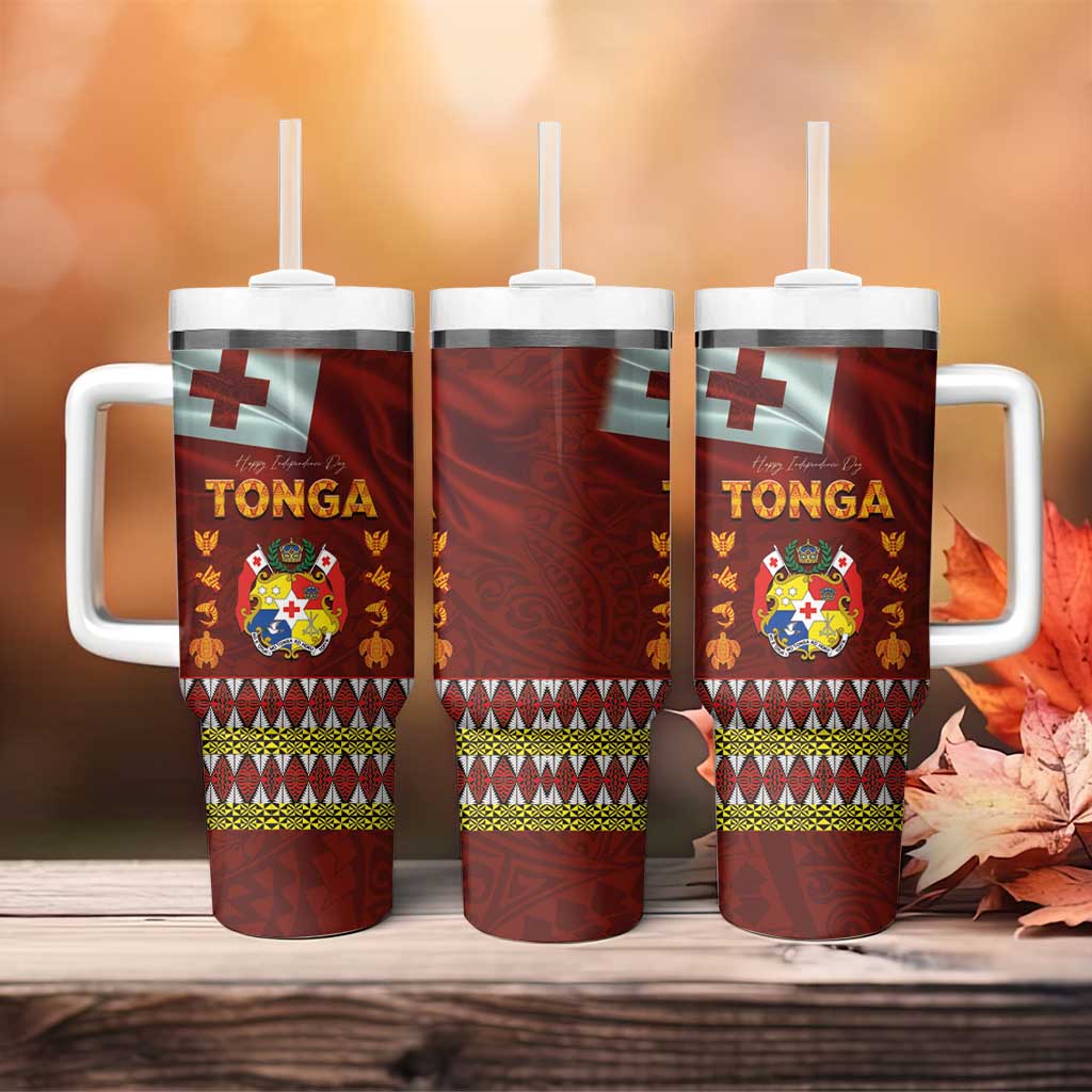 Tonga Independence Day Tumbler With Handle National Flag and Emblem with Ngatu Art Pattern