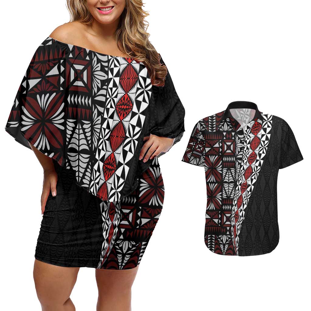 Tonga Ngatu Art Tattoo Polynesian Couples Matching Off Shoulder Short Dress and Hawaiian Shirt