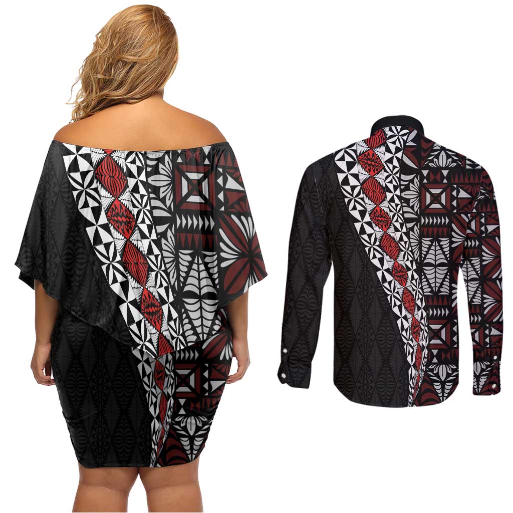 Tonga Ngatu Art Tattoo Polynesian Couples Matching Off Shoulder Short Dress and Long Sleeve Button Shirt