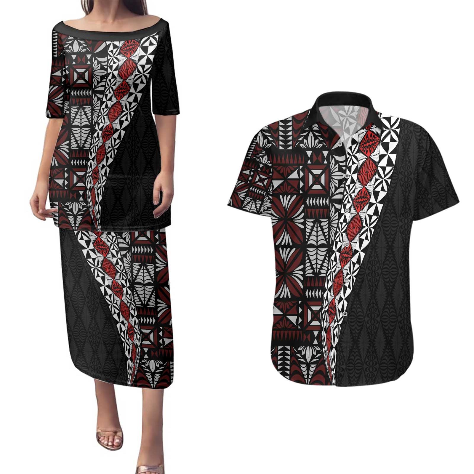 Tonga Ngatu Art Tattoo Polynesian Couples Matching Puletasi and Hawaiian Shirt