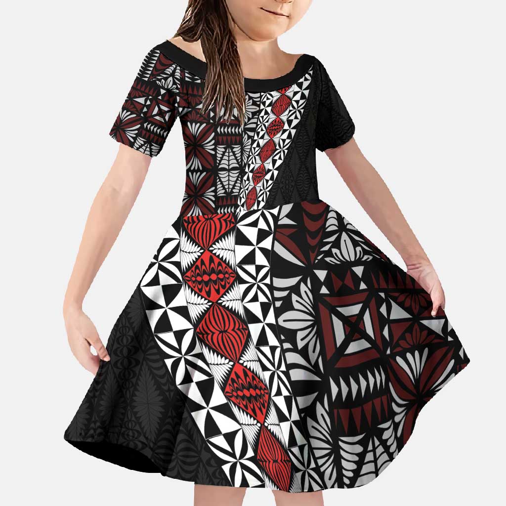 Tonga Ngatu Art Tattoo Polynesian Family Matching Long Sleeve Bodycon Dress and Hawaiian Shirt LT03 Daughter's Dress Black - Polynesian Pride