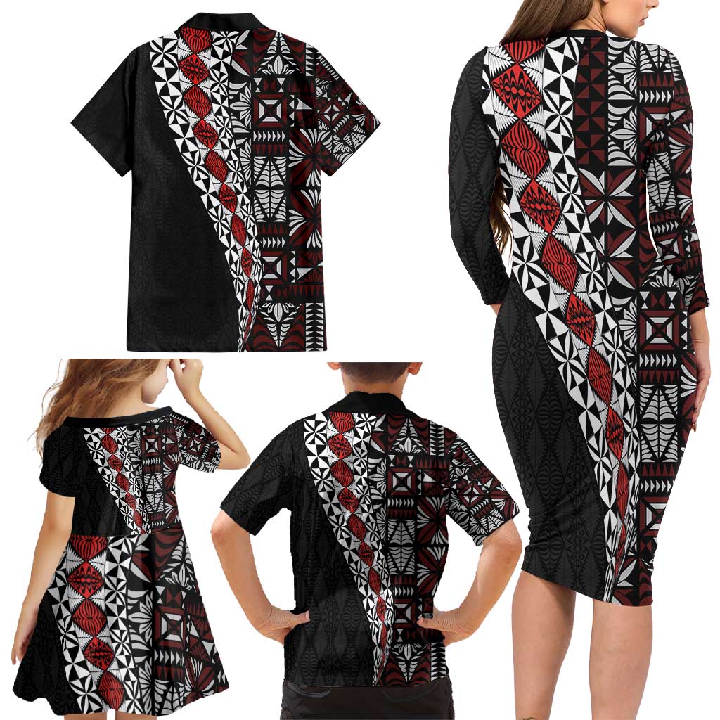Tonga Ngatu Art Tattoo Polynesian Family Matching Long Sleeve Bodycon Dress and Hawaiian Shirt LT03 - Polynesian Pride