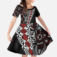 Tonga Ngatu Art Tattoo Polynesian Family Matching Off The Shoulder Long Sleeve Dress and Hawaiian Shirt LT03 Daughter's Dress Black - Polynesian Pride