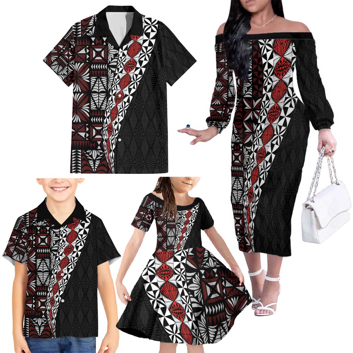 Tonga Ngatu Art Tattoo Polynesian Family Matching Off The Shoulder Long Sleeve Dress and Hawaiian Shirt LT03 - Polynesian Pride