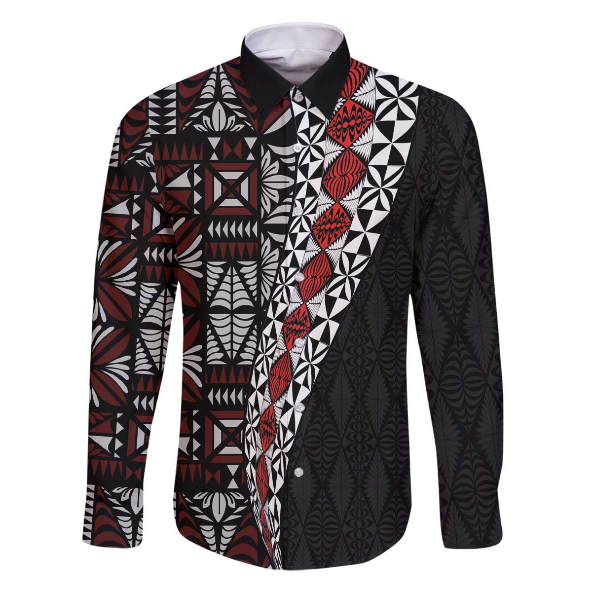 Tonga Ngatu Art Tattoo Polynesian Family Matching Off The Shoulder Long Sleeve Dress and Hawaiian Shirt LT03 Dad's Shirt - Long Sleeve Black - Polynesian Pride