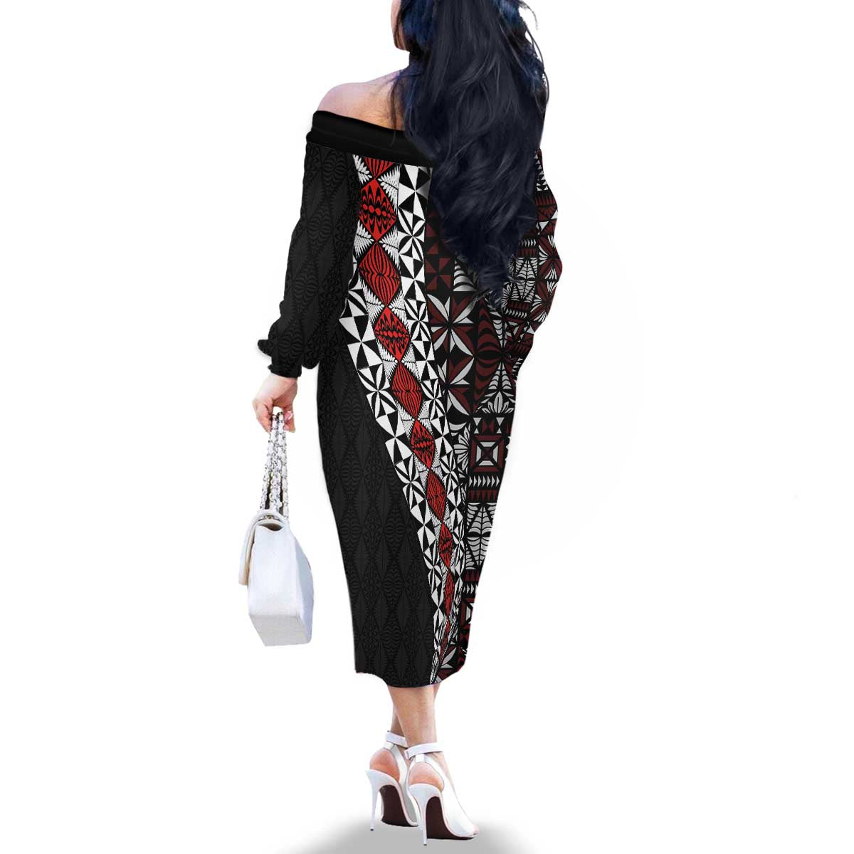 Tonga Ngatu Art Tattoo Polynesian Family Matching Off The Shoulder Long Sleeve Dress and Hawaiian Shirt LT03 - Polynesian Pride