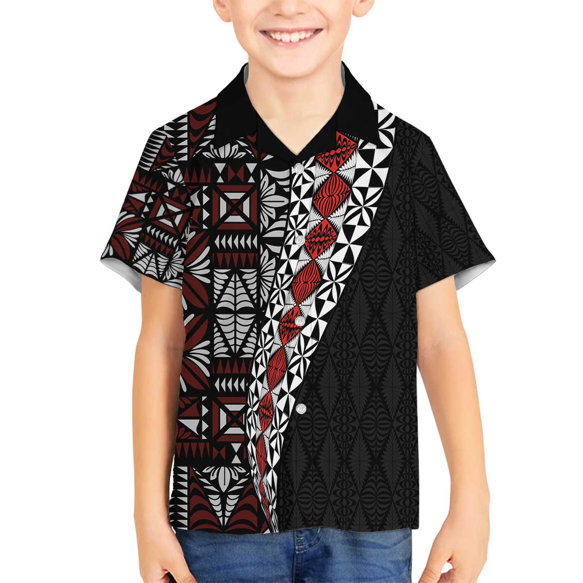 Tonga Ngatu Art Tattoo Polynesian Family Matching Off The Shoulder Long Sleeve Dress and Hawaiian Shirt LT03 Son's Shirt Black - Polynesian Pride