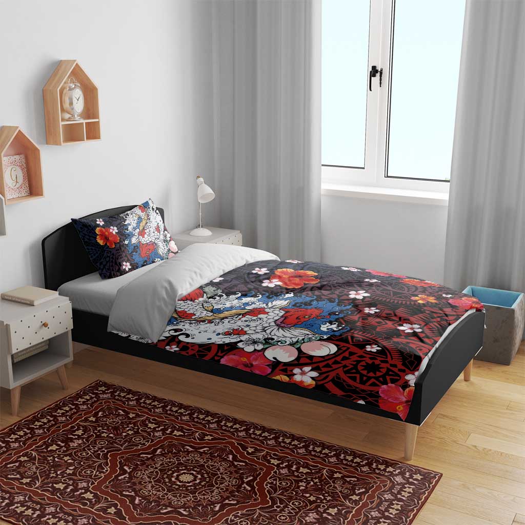 Hawaiian and Japanese Together Bedding Set Hibiscus and Koi Fish Polynesian Pattern Colorful Style
