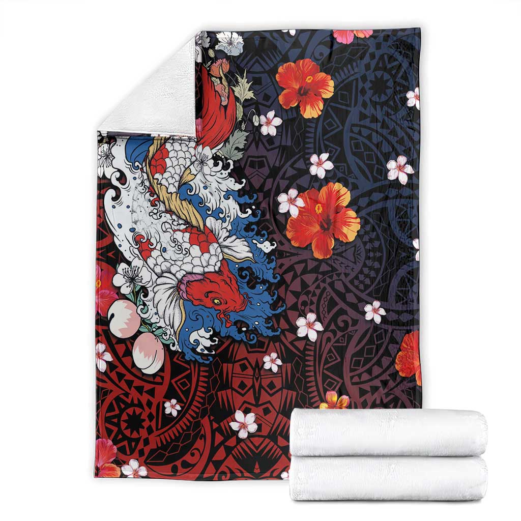 Hawaiian and Japanese Together Blanket Hibiscus and Koi Fish Polynesian Pattern Colorful Style