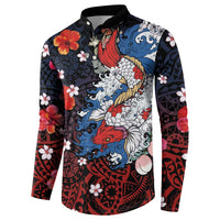 Hawaiian and Japanese Together Button Sweatshirt Hibiscus and Koi Fish Polynesian Pattern Colorful Style