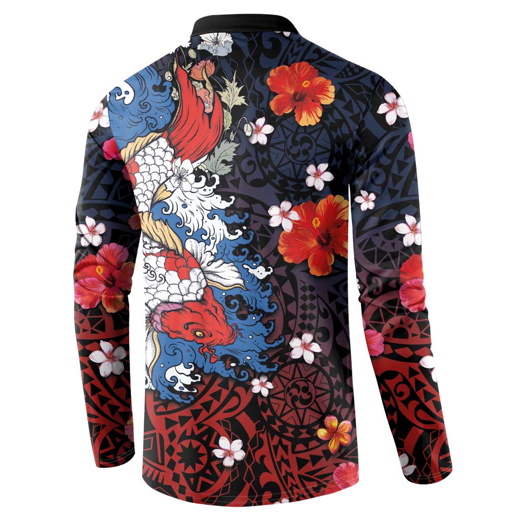 Hawaiian and Japanese Together Button Sweatshirt Hibiscus and Koi Fish Polynesian Pattern Colorful Style
