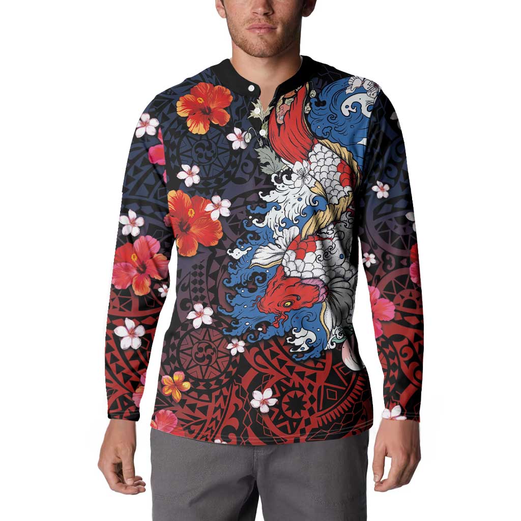 Hawaiian and Japanese Together Button Sweatshirt Hibiscus and Koi Fish Polynesian Pattern Colorful Style