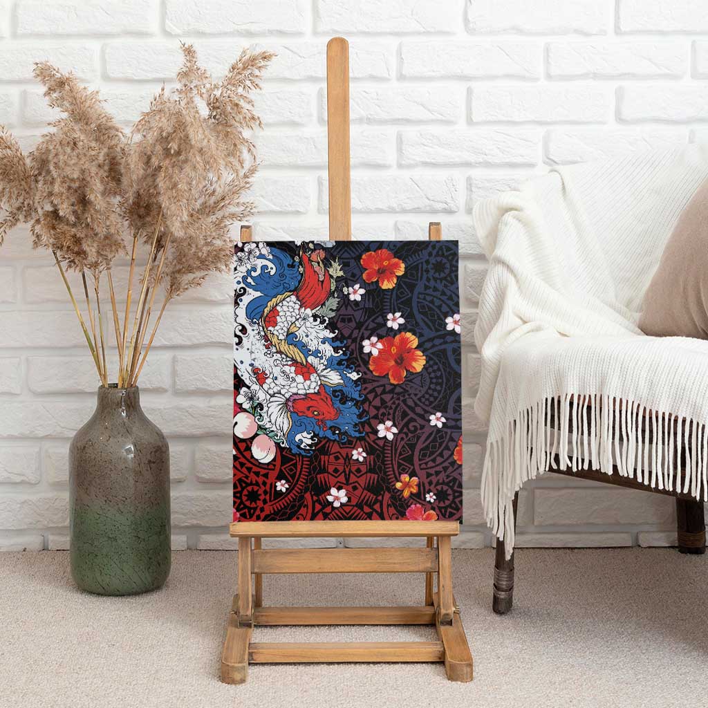 Hawaiian and Japanese Together Canvas Wall Art Hibiscus and Koi Fish Polynesian Pattern Colorful Style