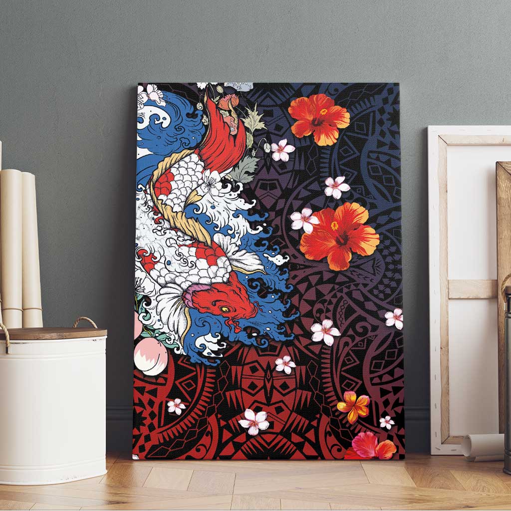 Hawaiian and Japanese Together Canvas Wall Art Hibiscus and Koi Fish Polynesian Pattern Colorful Style