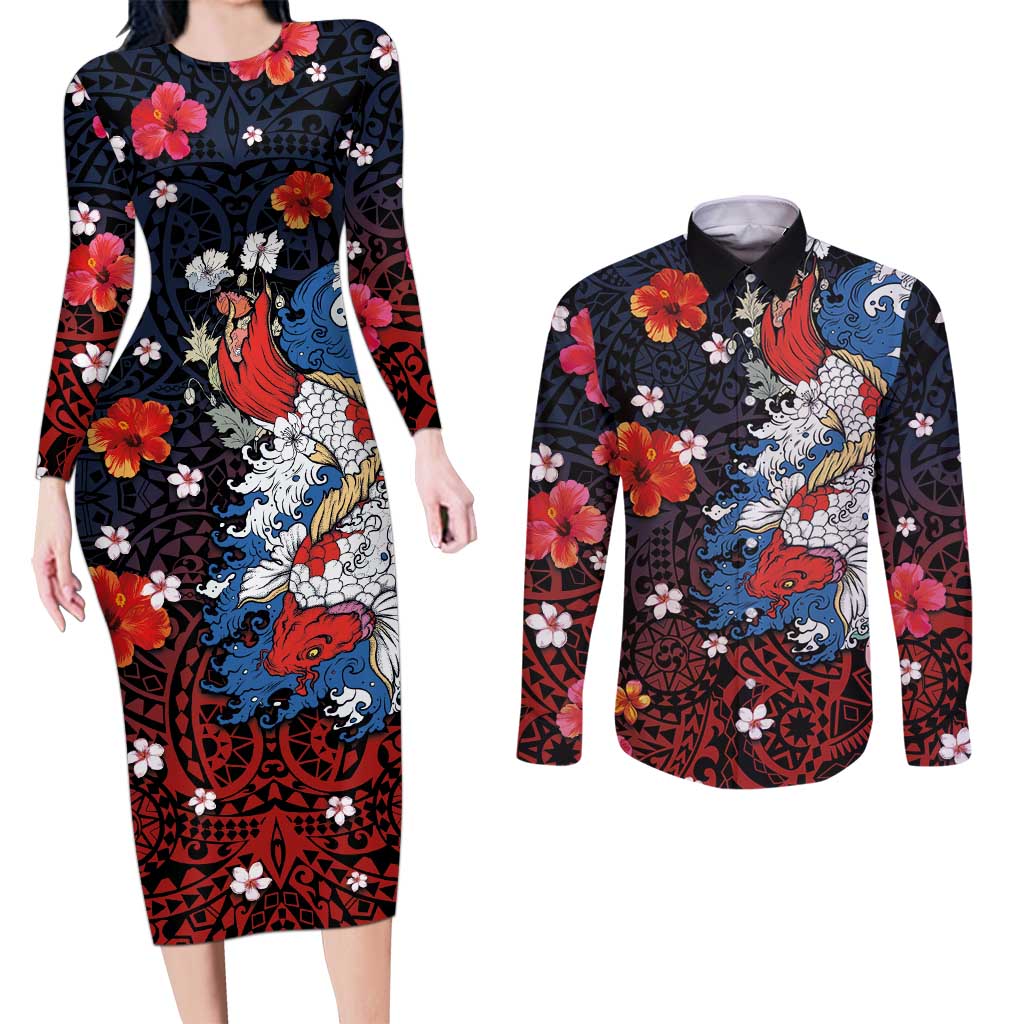 Hawaiian and Japanese Together Couples Matching Long Sleeve Bodycon Dress and Long Sleeve Button Shirt Hibiscus and Koi Fish Polynesian Pattern Colorful Style