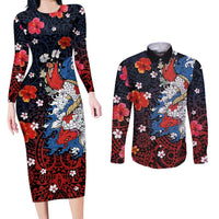 Hawaiian and Japanese Together Couples Matching Long Sleeve Bodycon Dress and Long Sleeve Button Shirt Hibiscus and Koi Fish Polynesian Pattern Colorful Style
