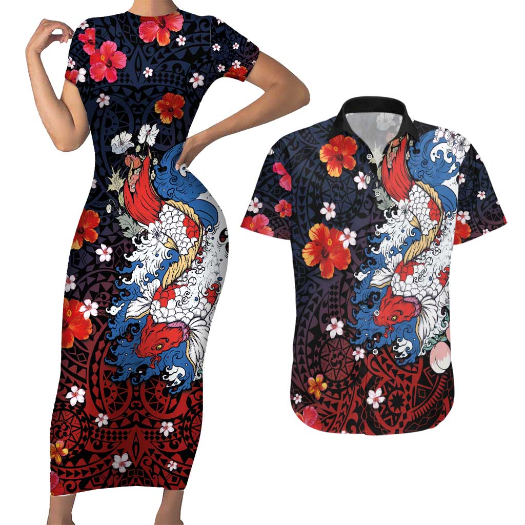 Hawaiian and Japanese Together Couples Matching Short Sleeve Bodycon Dress and Hawaiian Shirt Hibiscus and Koi Fish Polynesian Pattern Colorful Style