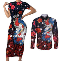 Hawaiian and Japanese Together Couples Matching Short Sleeve Bodycon Dress and Long Sleeve Button Shirt Hibiscus and Koi Fish Polynesian Pattern Colorful Style
