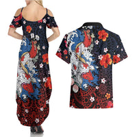 Hawaiian and Japanese Together Couples Matching Summer Maxi Dress and Hawaiian Shirt Hibiscus and Koi Fish Polynesian Pattern Colorful Style