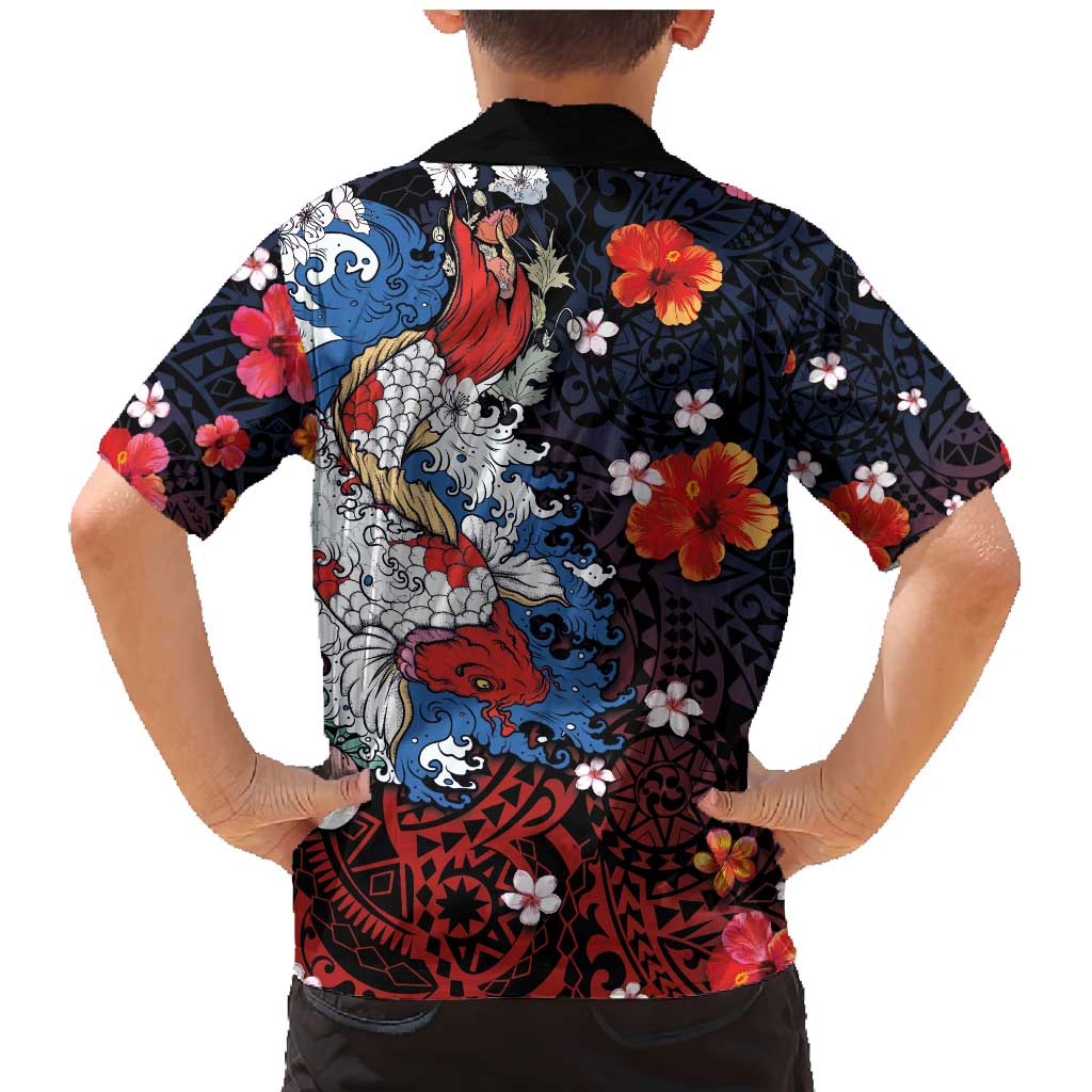 Hawaiian and Japanese Together Family Matching Mermaid Dress and Hawaiian Shirt Hibiscus and Koi Fish Polynesian Pattern Colorful Style