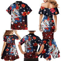 Hawaiian and Japanese Together Family Matching Mermaid Dress and Hawaiian Shirt Hibiscus and Koi Fish Polynesian Pattern Colorful Style