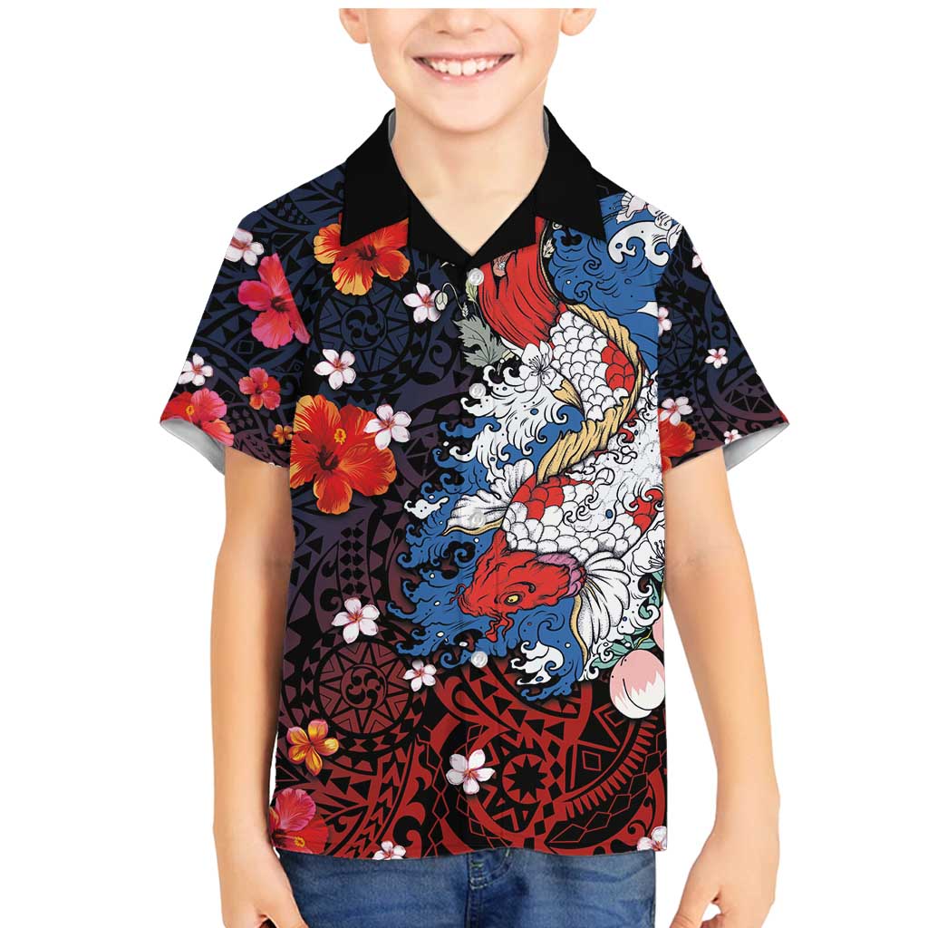Hawaiian and Japanese Together Family Matching Mermaid Dress and Hawaiian Shirt Hibiscus and Koi Fish Polynesian Pattern Colorful Style