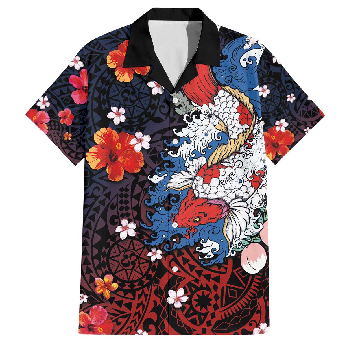 Hawaiian and Japanese Together Family Matching Puletasi and Hawaiian Shirt Hibiscus and Koi Fish Polynesian Pattern Colorful Style LT03 Dad's Shirt - Short Sleeve Red - Polynesian Pride