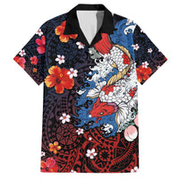 Hawaiian and Japanese Together Family Matching Puletasi and Hawaiian Shirt Hibiscus and Koi Fish Polynesian Pattern Colorful Style LT03 Dad's Shirt - Short Sleeve Red - Polynesian Pride