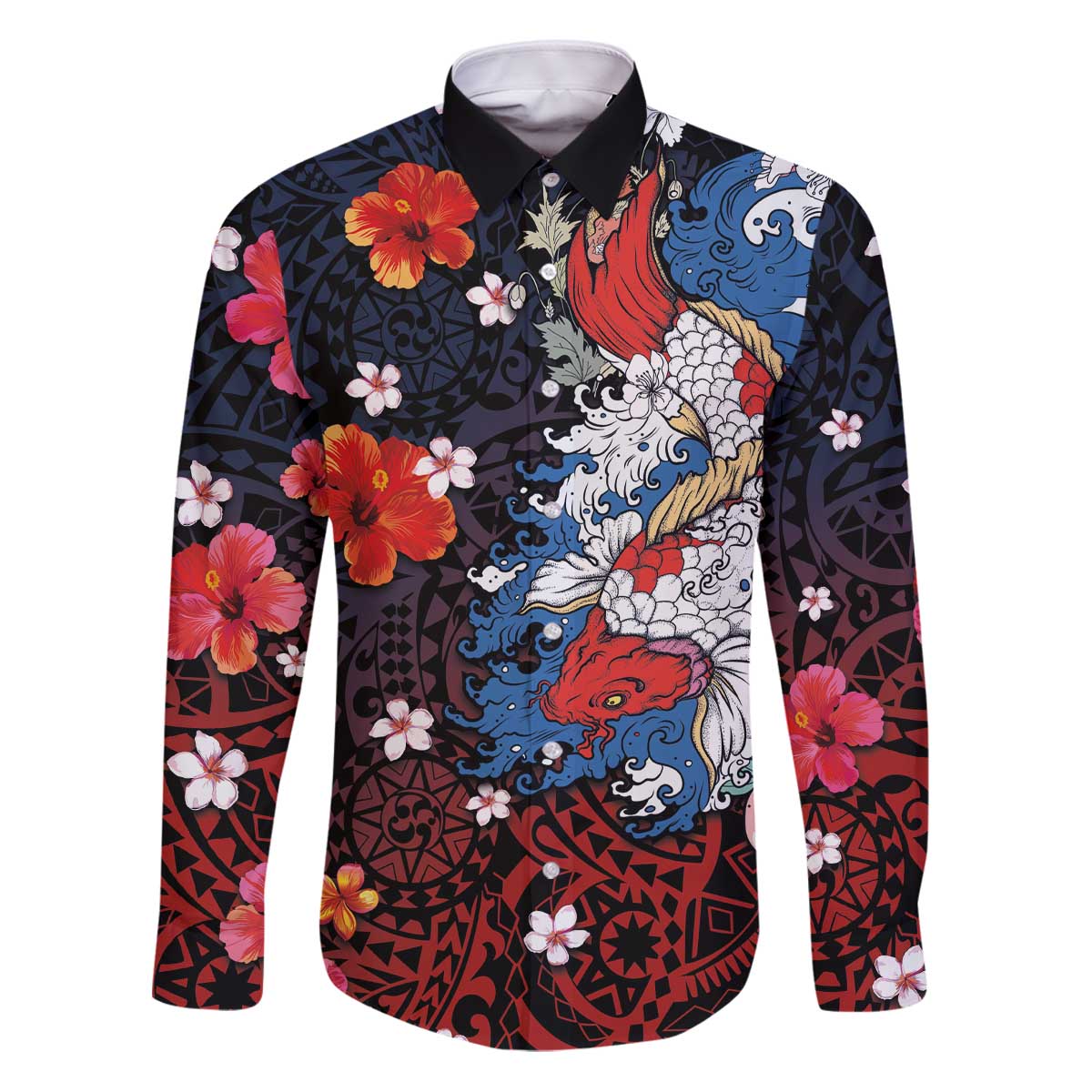 Hawaiian and Japanese Together Family Matching Puletasi and Hawaiian Shirt Hibiscus and Koi Fish Polynesian Pattern Colorful Style LT03 Dad's Shirt - Long Sleeve Red - Polynesian Pride