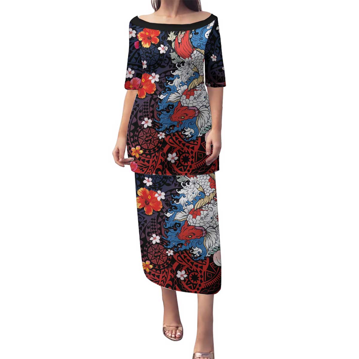 Hawaiian and Japanese Together Family Matching Puletasi and Hawaiian Shirt Hibiscus and Koi Fish Polynesian Pattern Colorful Style LT03 Mom's Dress Red - Polynesian Pride