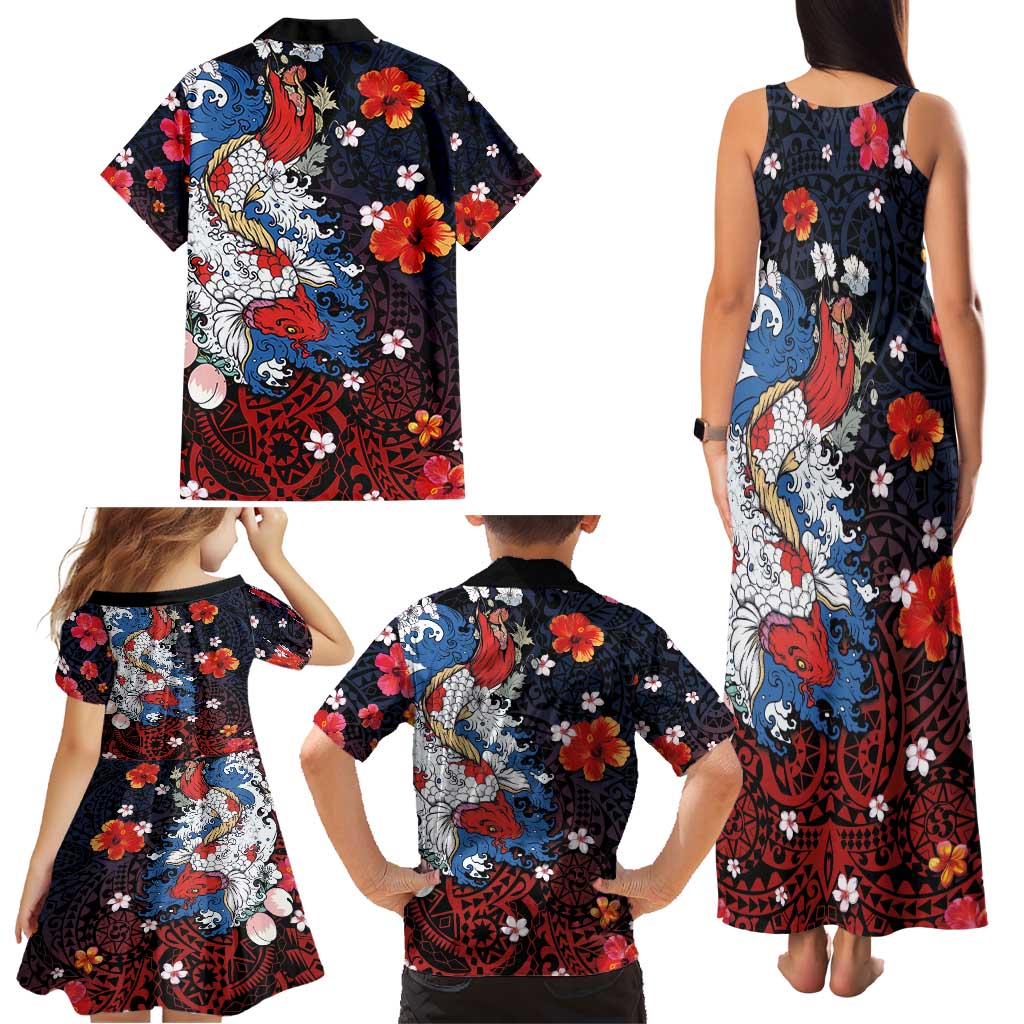 Hawaiian and Japanese Together Family Matching Tank Maxi Dress and Hawaiian Shirt Hibiscus and Koi Fish Polynesian Pattern Colorful Style