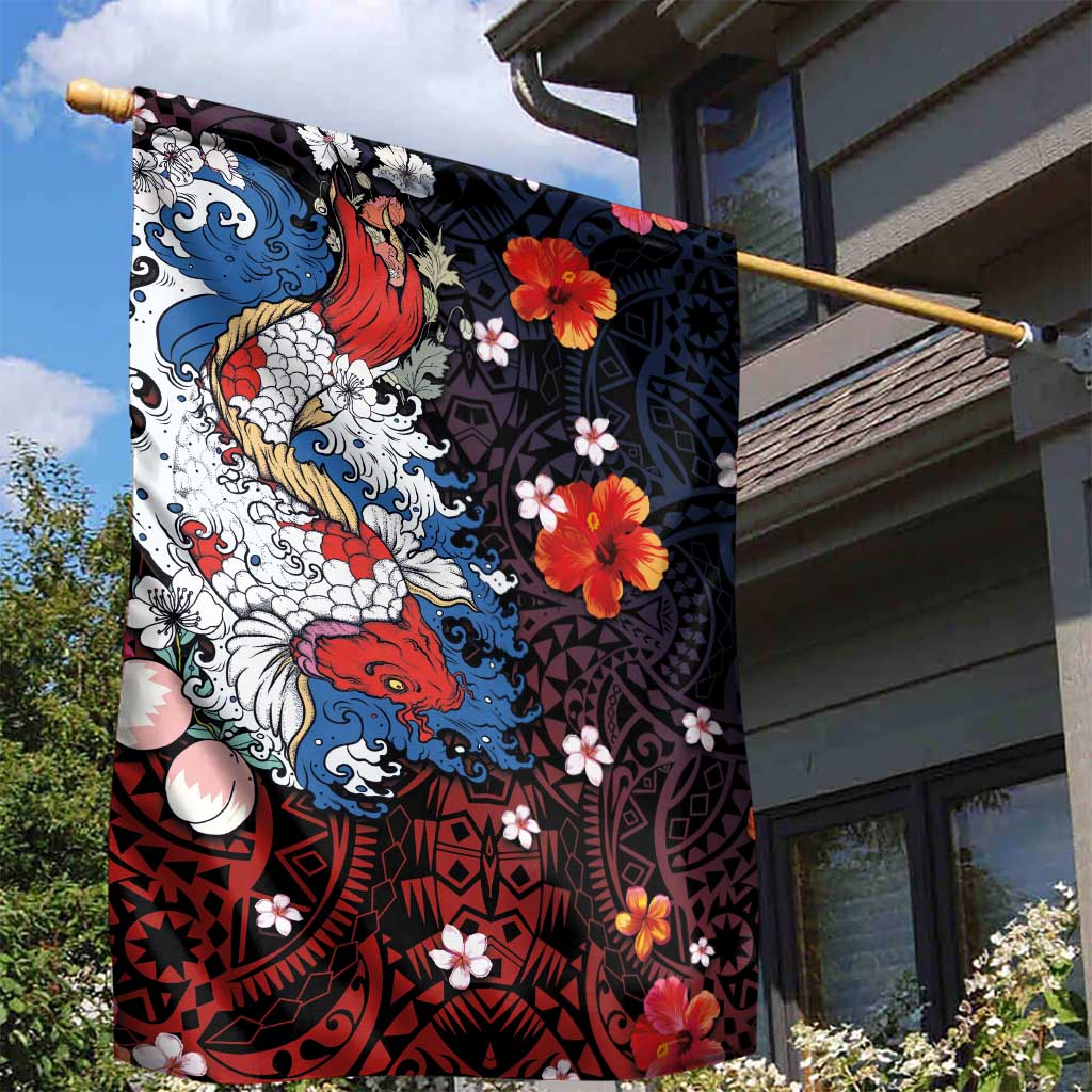 Hawaiian and Japanese Together Garden Flag Hibiscus and Koi Fish Polynesian Pattern Colorful Style