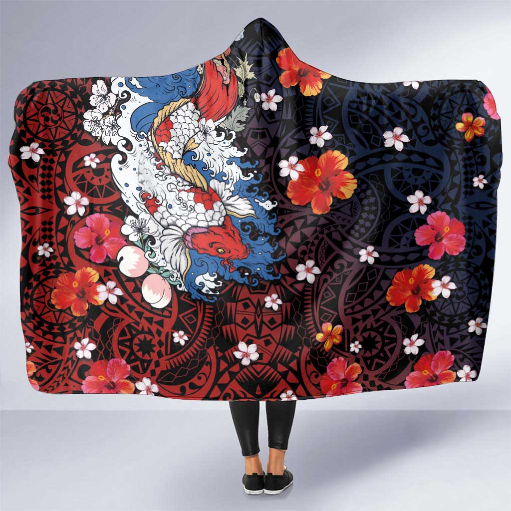 Hawaiian and Japanese Together Hooded Blanket Hibiscus and Koi Fish Polynesian Pattern Colorful Style