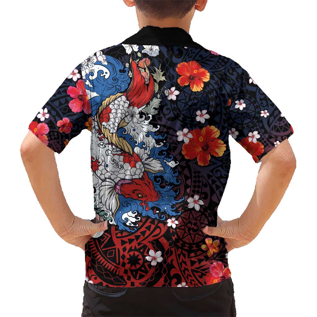 Hawaiian and Japanese Together Kid Hawaiian Shirt Hibiscus and Koi Fish Polynesian Pattern Colorful Style