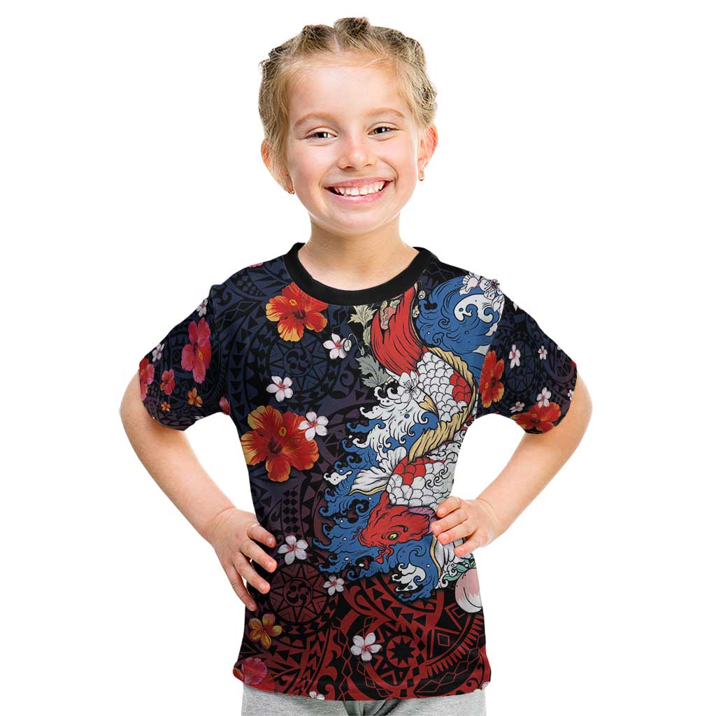 Hawaiian and Japanese Together Kid T Shirt Hibiscus and Koi Fish Polynesian Pattern Colorful Style