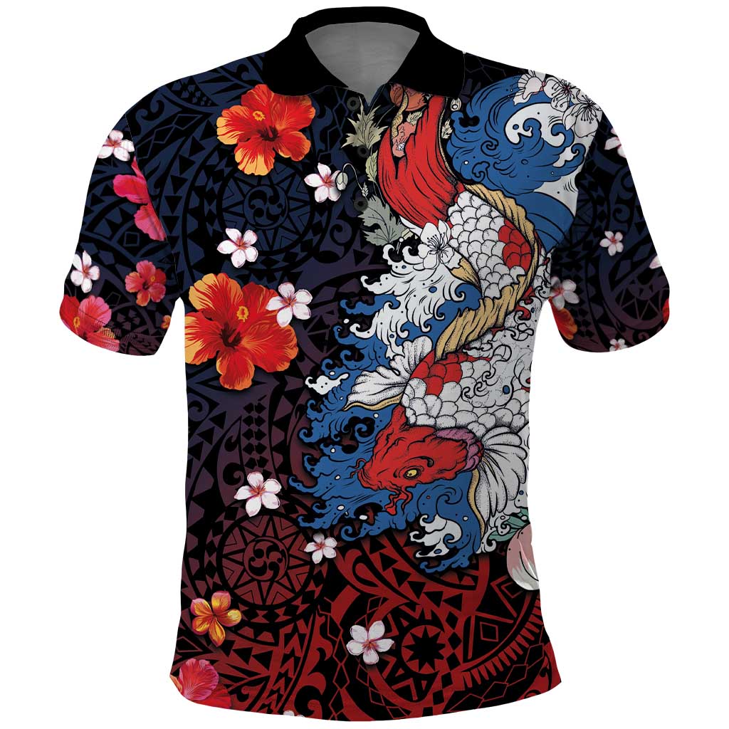 Hawaiian and Japanese Together Polo Shirt Hibiscus and Koi Fish Polynesian Pattern Colorful Style LT03 Red - Polynesian Pride