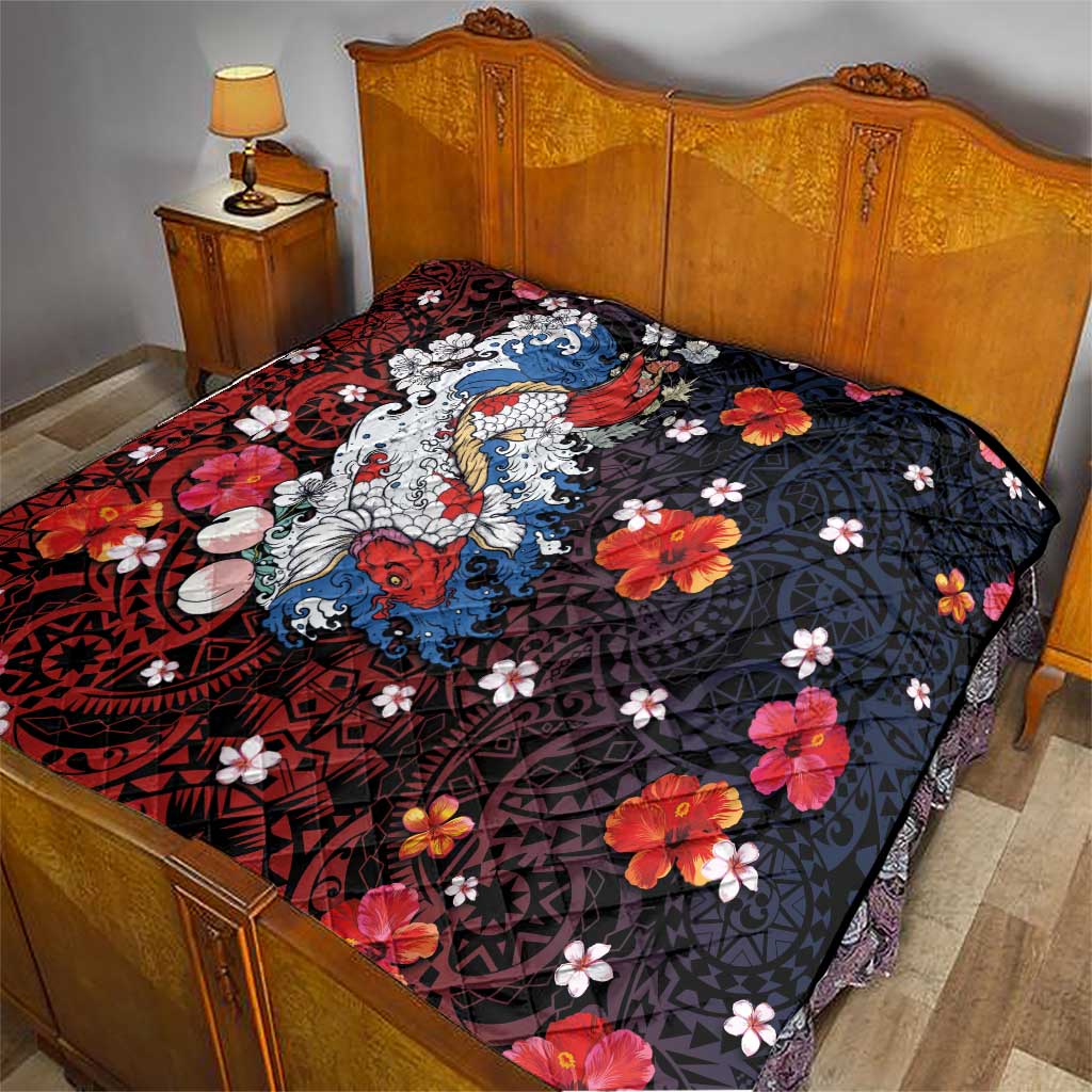 Hawaiian and Japanese Together Quilt Hibiscus and Koi Fish Polynesian Pattern Colorful Style