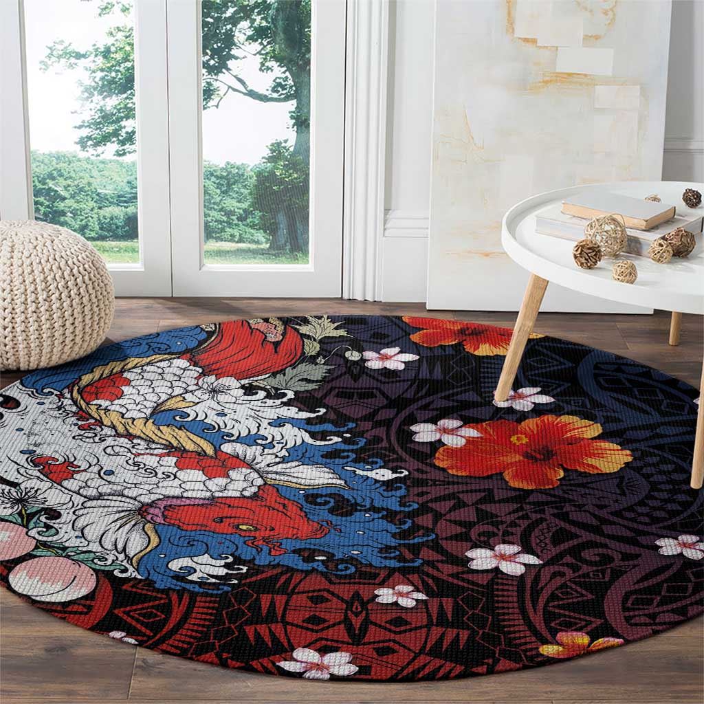 Hawaiian and Japanese Together Round Carpet Hibiscus and Koi Fish Polynesian Pattern Colorful Style