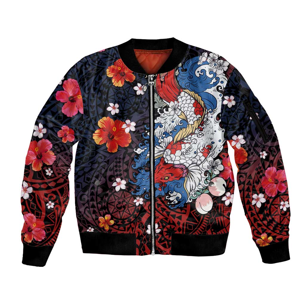 Hawaiian and Japanese Together Sleeve Zip Bomber Jacket Hibiscus and Koi Fish Polynesian Pattern Colorful Style LT03 Unisex Red - Polynesian Pride