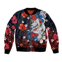 Hawaiian and Japanese Together Sleeve Zip Bomber Jacket Hibiscus and Koi Fish Polynesian Pattern Colorful Style LT03 Unisex Red - Polynesian Pride